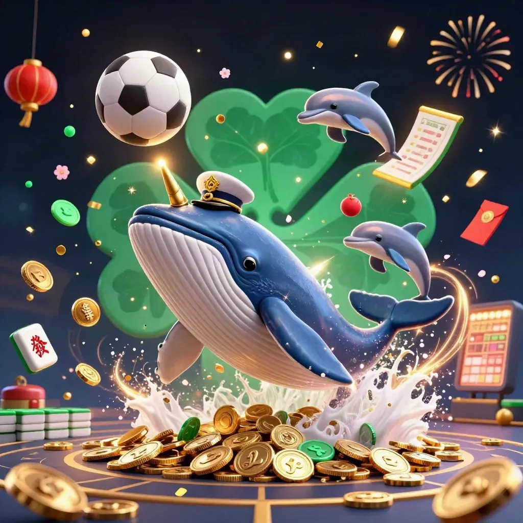 Whale, narwhal, and dolphins amid coins, lanterns, fireworks, and sports balls in luxe casino art.