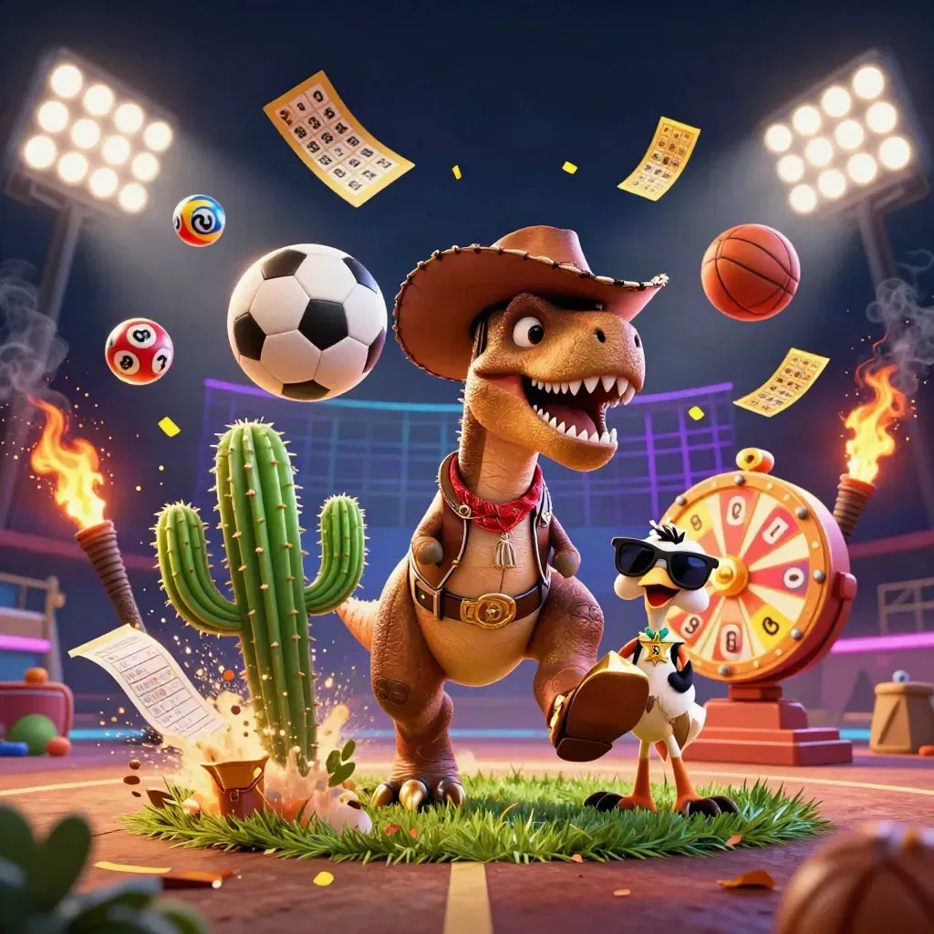 Cowboy T-Rex, cactus, and roadrunner explode around a mid-air soccer ball on a neon casino pitch.