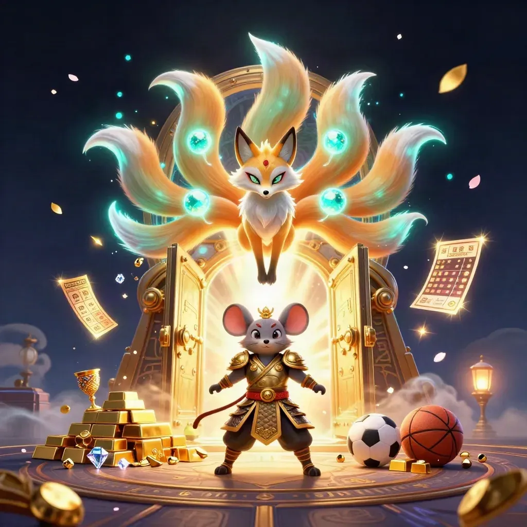 Nine-tailed fox spirit and gold-armoured mouse amid treasure vault glow and casino magic.