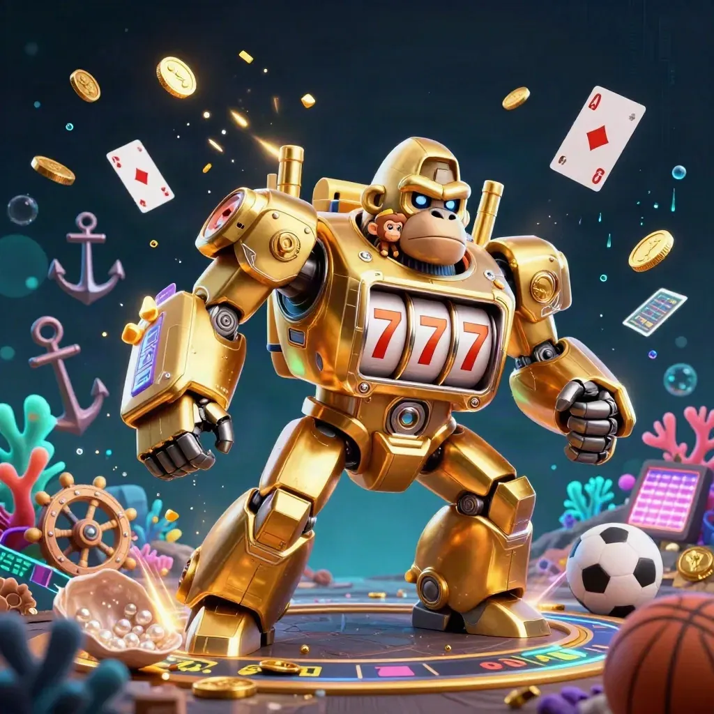 Golden gorilla mech with monkey pilot amid coins, coral, balls, and neon casino energy