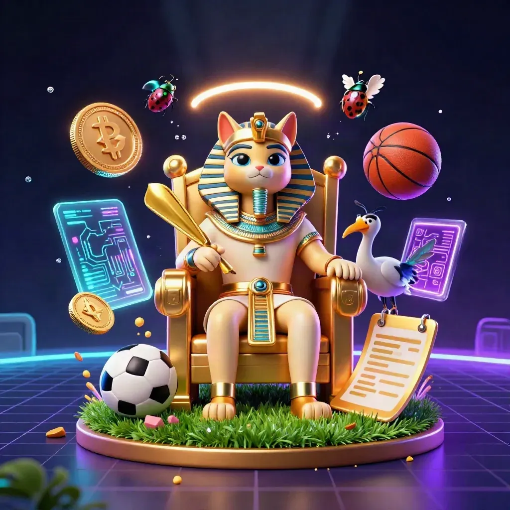 Pharaoh cat, ibis scribe and scarabs amid flying balls, coins and neon casino energy.