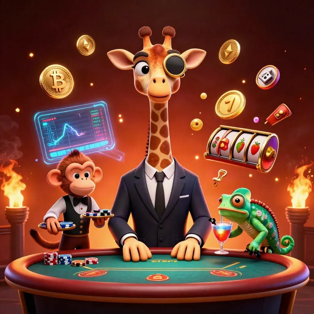 Giraffe, monkey and chameleon in a casino scene with coins, charts and ember glow.