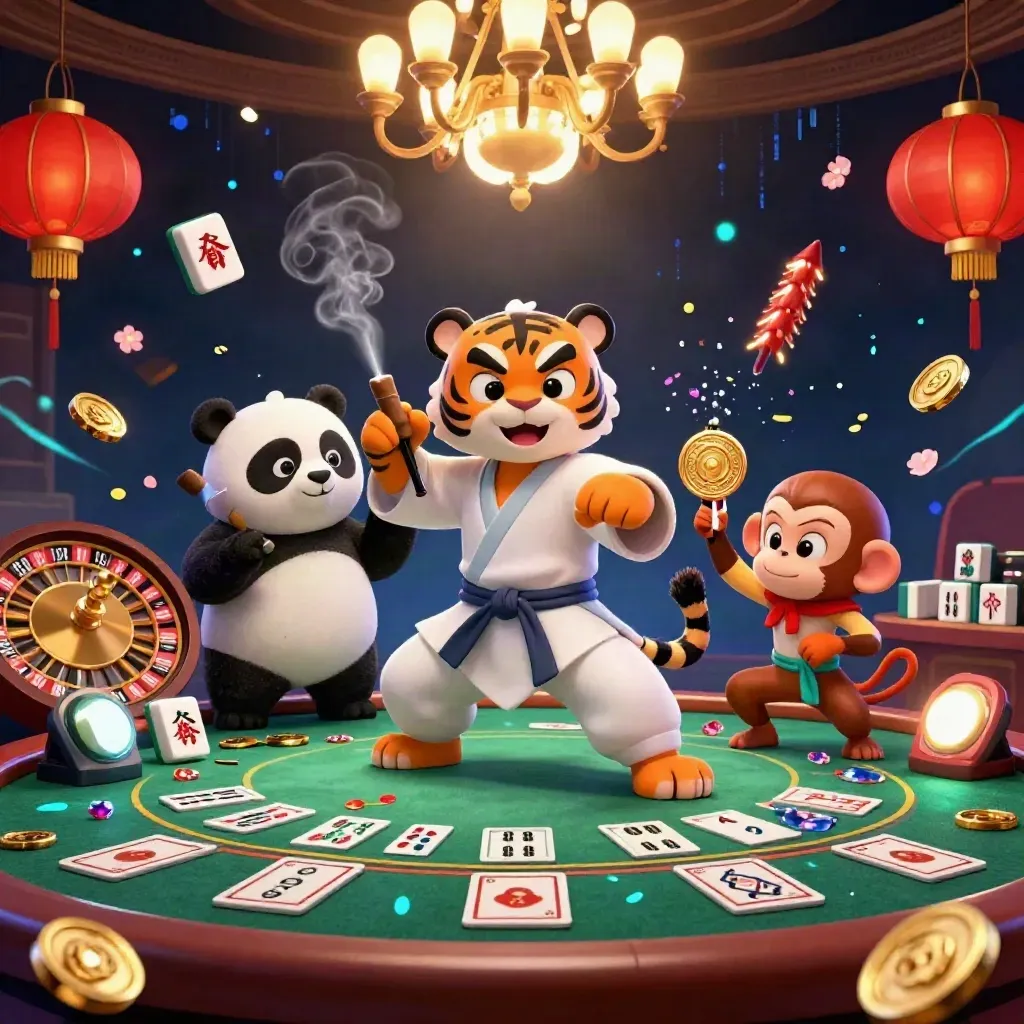 Kung-fu tiger, panda, and monkey amid luxe casino lights, jade coins, and a mid-spin wheel.