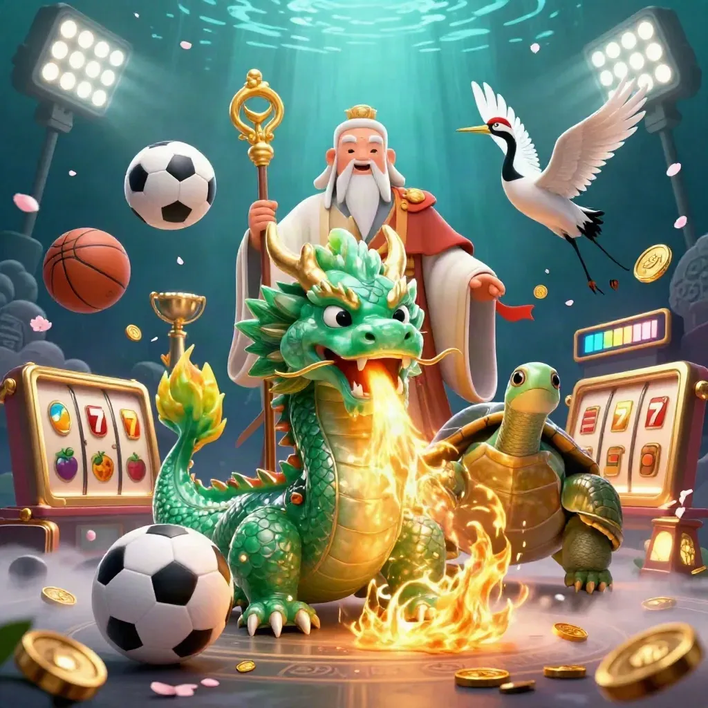 Emerald dragon, turtle sage, cranes, sports balls, coins and luxe casino treasure in a dark-blue scene