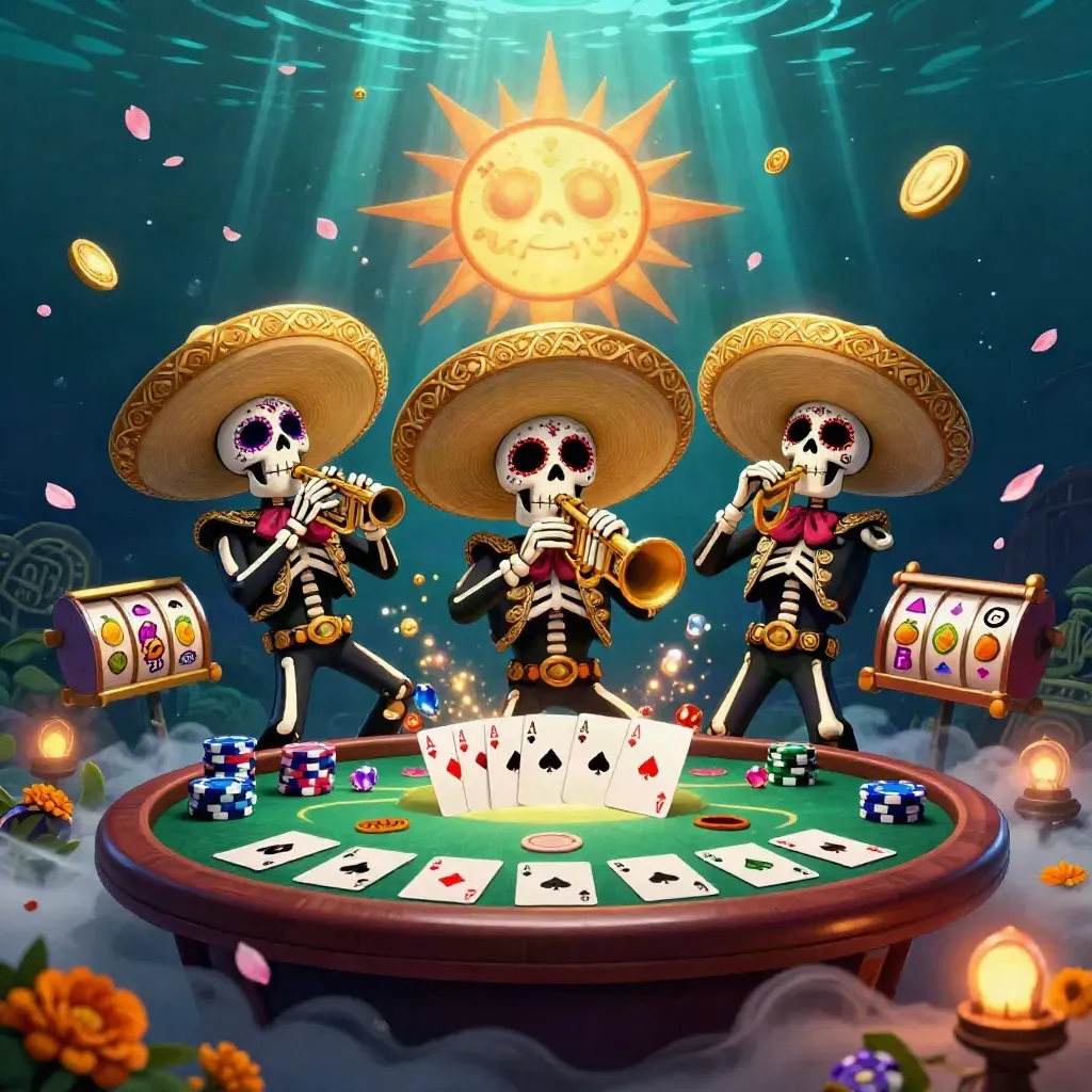 Skeleton mariachi trio play amid casino chips, cards, reels and underwater emerald light.
