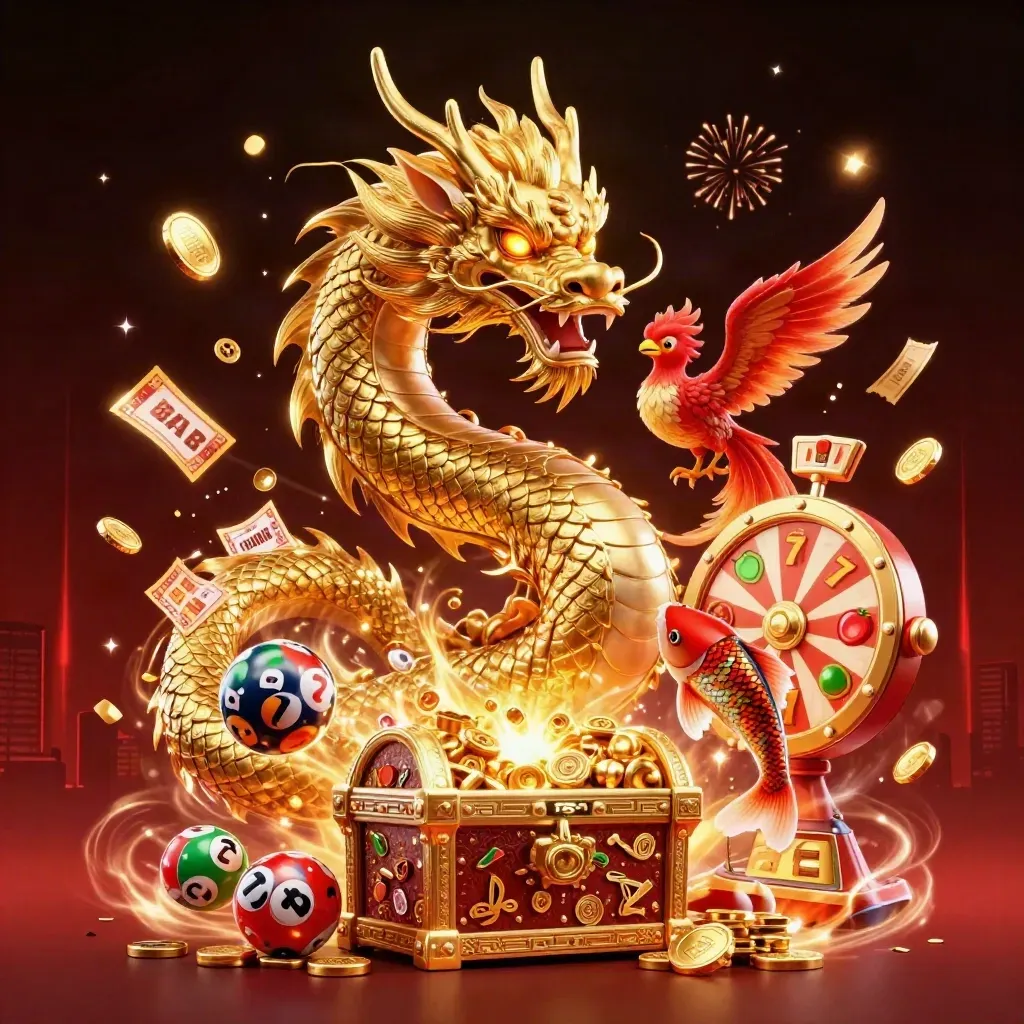 Golden dragon, phoenix and koi burst from treasure amid casino icons on a dark red neon backdrop.