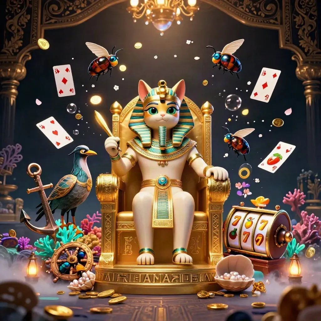Pharaoh cat, ibis scribe, and gem-winged scarabs amid treasure, reels, and gold light.
